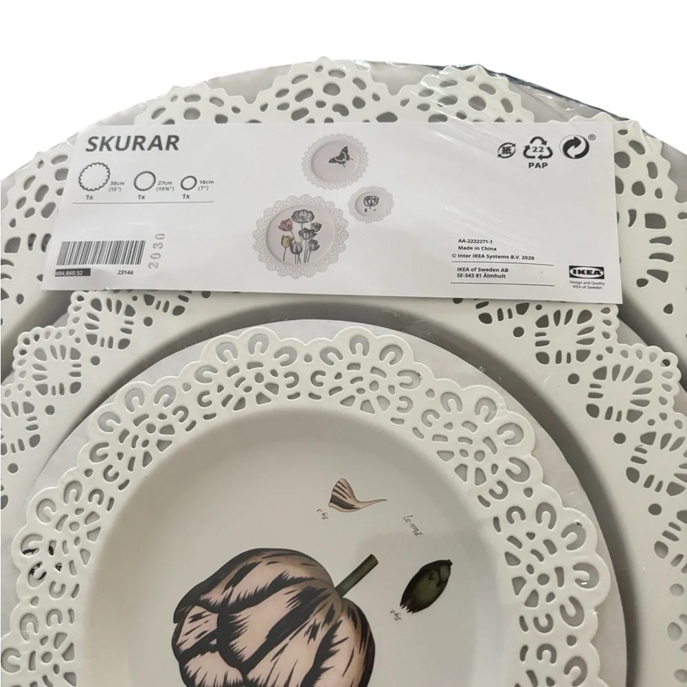 IKEA Skurar Wall Decoration Plates White Set 3 Tulips Butterfly Lace Look Retro